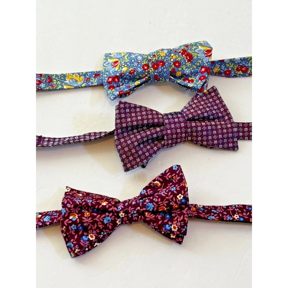 Cremieux Bow Tie Floral Geometric 100% Silk Set of 3 Blue Burgundy Yellow NEW